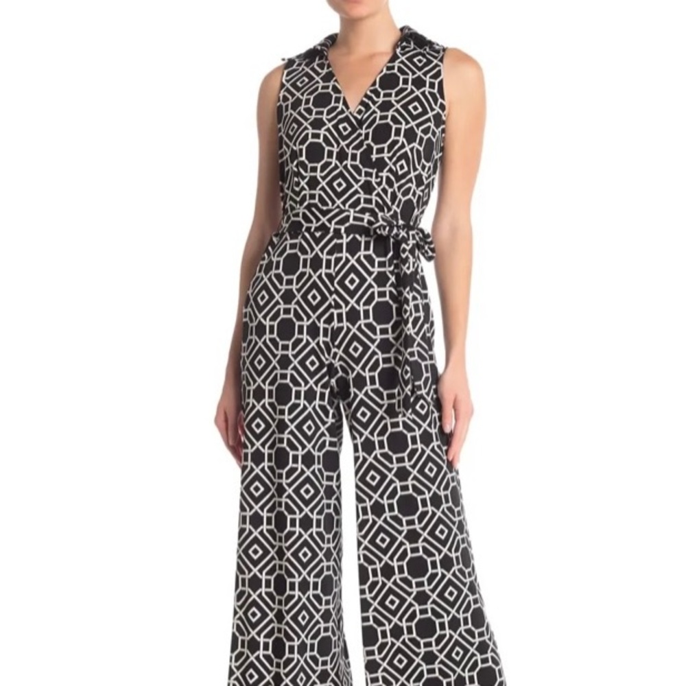 Nina Leonard Black and White Geometric Jumpsuit